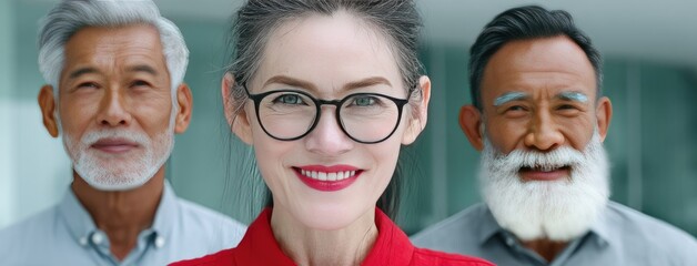 Three colleagues pose with bright smiles in an office, showcasing camaraderie and professionalism under natural lighting