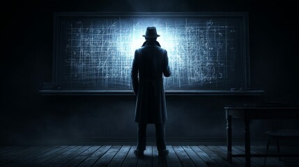 Obraz premium The Enigma Investigator - A lone figure in a fedora stands before a large chalkboard filled with complex equations, illuminated in a dark room. Mystery and intrigue abound