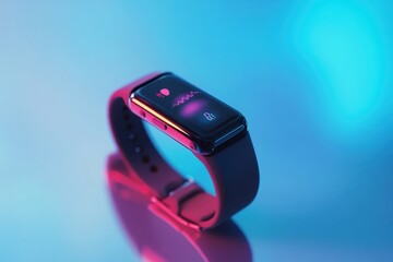 Futuristic fitness tracker on a reflective surface with vibrant neon lights