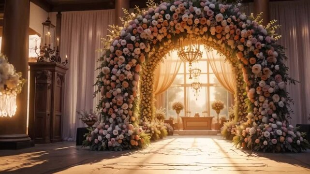 An ornate ester flower archway at an event entrance, with soft rays of golden light streaming through the flowers, creating a warm, welcoming atmosphere.
