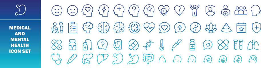 Health Care And Mental Health icon set. Mental Health Care Gradient icon collection. Containing emergency, doctor, treatment, medical, report, diagnosis, health, prevention.
