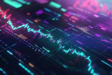Colorful digital stock market analysis display with vibrant graphs and data points