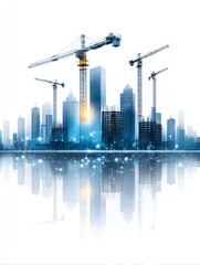 Obraz premium Urban Construction Skyline - Modern city skyline under construction with cranes and reflections in water. Shows urban development and progress