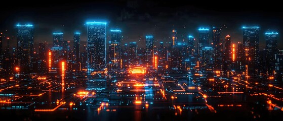 Obraz premium Futuristic city skyline at night, illuminated with vibrant orange and blue neon lights. Intricate details showcase a technological aesthetic