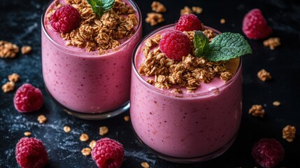 Raspberry granola smoothie breakfast dark background