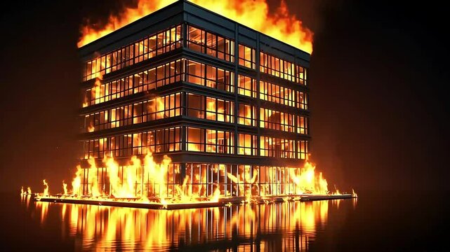 Dramatic scene of a modern building engulfed in flames, reflecting on water at night, creating chaos