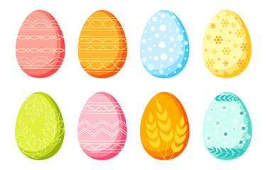 Set of Easter eggs in cartoon style. Vector illustration of Easter eggs with different patterns: geometric patterns, dots, flowers, leaves, wheat ears isolated on white background. Easter holiday.