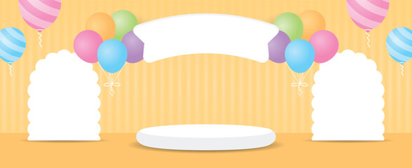 cute circle podium display stage with standee sign and kawaii colorful balloons 3d illustration vector on sweet orange floor and wall for putting object or product