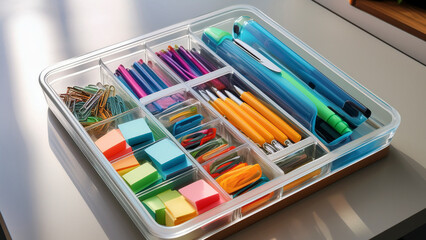 Desk drawer with color-coded stationery in acrylic organizer