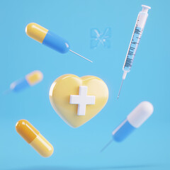 3D Render of Floating Medical Icons, Pill Capsule, Syringe, and Heart