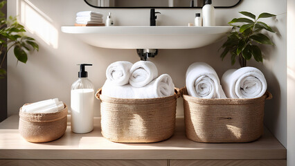 Bathroom storage baskets with rolled towels and products