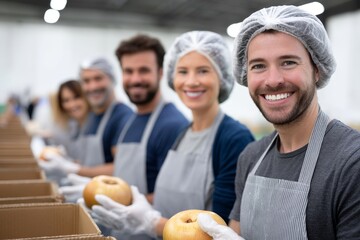 Volunteers Packing Apples for Charity - A group of smiling volunteers carefully pack apples into boxes, symbolizing community support, charitable giving, food security, teamwork, and healthy eating