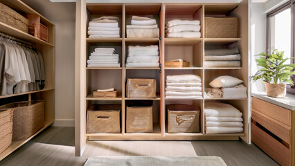 Organized linen closet with folded sheets, towels and boxes