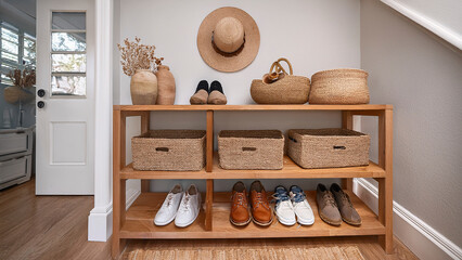 Entryway with labeled shoe racks and woven baskets
