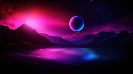 Pink alien planet sunrise over calm lake, mountains