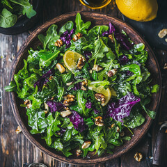 Green Salad with Lemon, Nuts, and Fresh Greens in Wooden Bowl