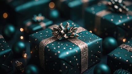 Gift boxes with teal and gold accents