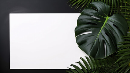 Obraz premium Monstera leaf beside white blank paper on a black background, offering a minimal and elegant flat lay design.