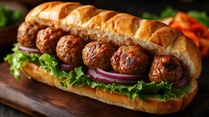 Savory meatball hoagie on a wooden board ultra HD photo