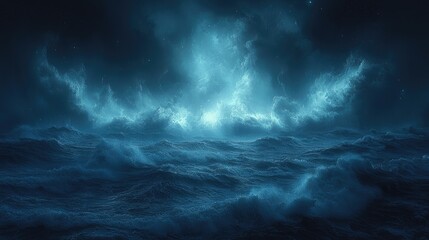 Fototapeta premium Ocean waves crashing under stormy night sky, water churning, clouds glowing