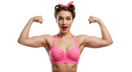 Strong woman in pink showing off biceps