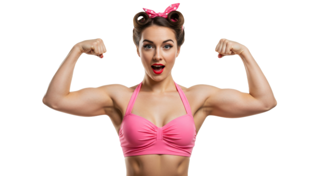 Strong woman in pink showing off biceps
