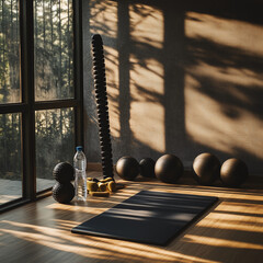 Minimalist Home Gym Setup with Dumbbells, Yoga Mat, and Fitness Equipment in Bright Room