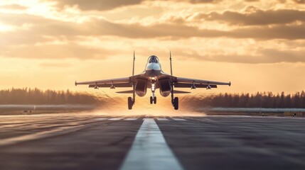 Fighter jet landing sunset runway military airbase