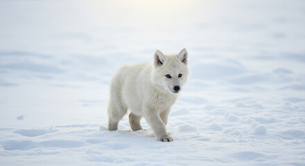Cute White Dire Wolf Standing in Snow, Looking Curious – Magical Winter Background