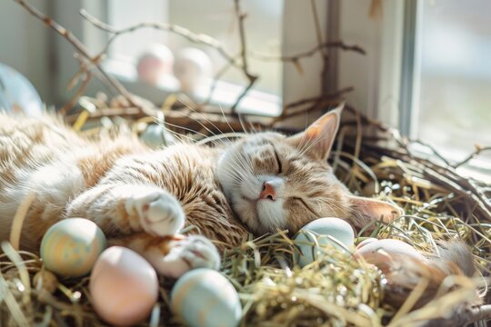 Sleeping cat among easter eggs in sunlit nest