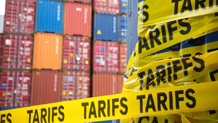USA tariffs. Cargo Containers in Port with Yellow "TARIFFS" Caution Tapes