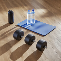 Minimalist Home Gym with Yoga Mat, Dumbbells, Water Bottles, and Natural Light