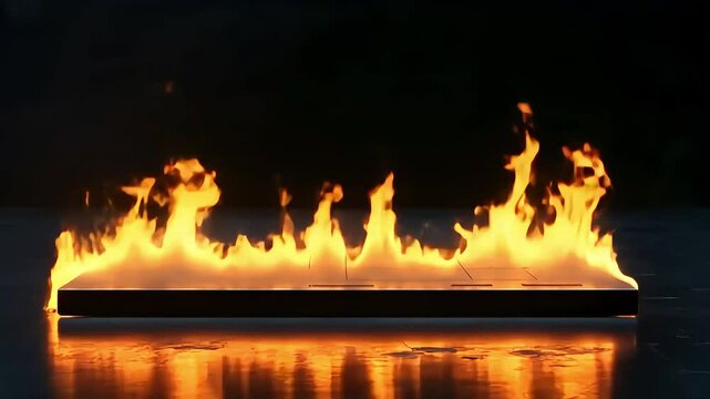 A modern platform engulfed in flames, showcasing a dramatic fire display against a dark backdrop