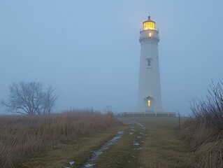 Lighthouse shines through fog. Path leads up on grassy hill against misty, cloudy sky and foggy background
