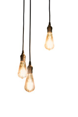 three retro lamps hanging from above with glowing electric light