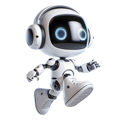 White cute robot in running posture isolated on white background