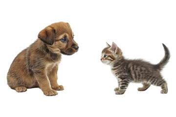 Obraz premium Cute Puppy and Kitten Facing Each Other Adorable Animals Friends Pet Companionship isolated on transparent background