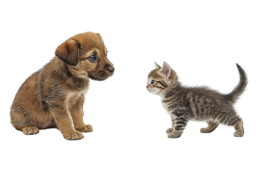 Cute Puppy and Kitten Facing Each Other Adorable Animals Friends Pet Companionship isolated on transparent background