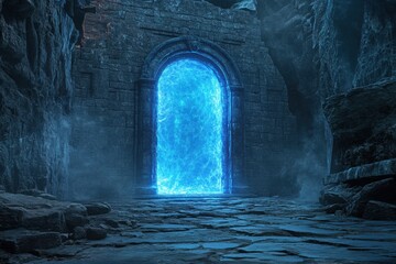 Mysterious glowing blue portal in a dark ancient stone structure evoking fantasy