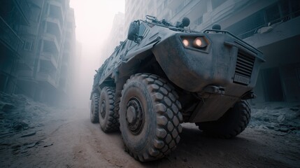 Fototapeta premium Military vehicle navigating a desolate urban landscape. A heavily armored military transport drives down a dusty road amidst the ruins of buildings. Fog obscures the surroundings