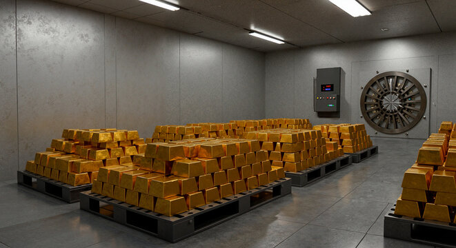 Vault filled with gold bars in a secure environment  