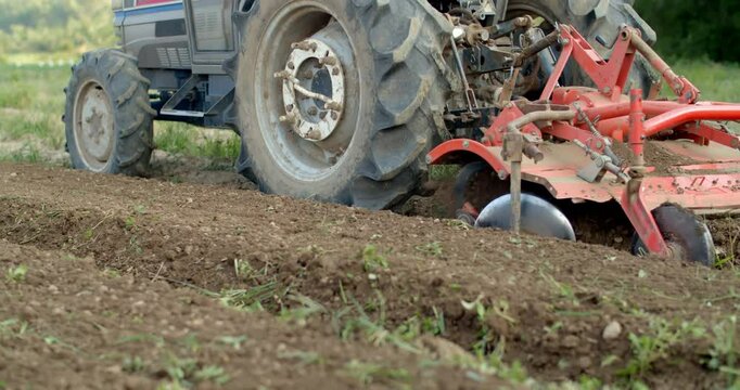 A small tractor is cultivating the soil for planting. Farmers are churning the soil to prepare for planting.The tractor is loosening the soil.Turn the soil into long rows to make it easier plant.