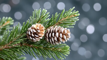 Frosted pine branch with cones