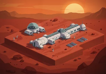 Fotobehang Futuristic Mars colony landscape with solar panels and sunset   © Lora