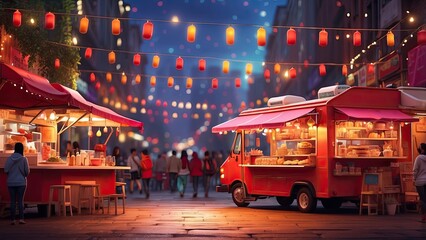 Obraz premium A bustling outdoor food market with a colorful food truck in the foreground.