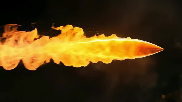 A fiery sword blade slicing through darkness, showcasing intense flames and dynamic motion effects