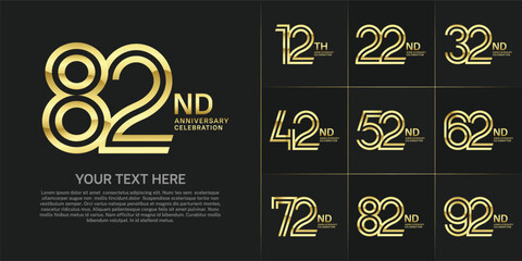 Anniversary logo set with double line number style. golden color can be use for special moment