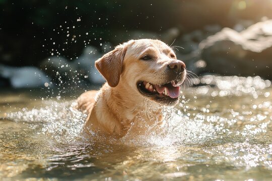 A smiling Labrador dog splashing outdoors in a crystal-clear mountain stream sunlight reflecting off the water
