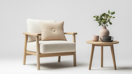 Minimalist Interior with Armchair, Pillow, Side Table, Vase and Cups - Home Setting
