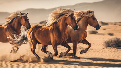 Majestic horses gallop through desert dust, embodying freedom and untamed spirit in golden light.